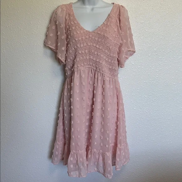 Pink Flowy Babydoll Textured Short Sleeve Dress Size Large - Picture 2 of 11
